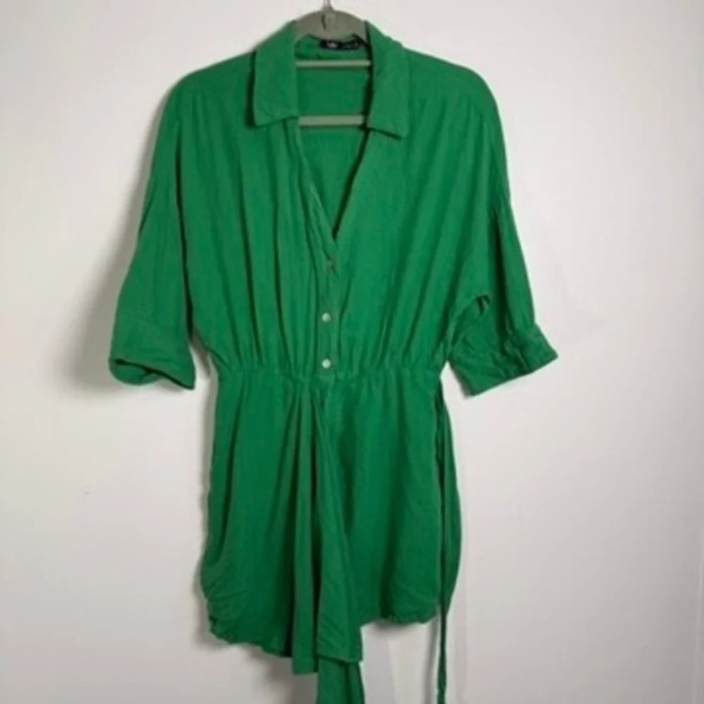 Zara Romper Womens Medium Green Wrap Front Tie Waist Short Sleeve Summer‎ Chic